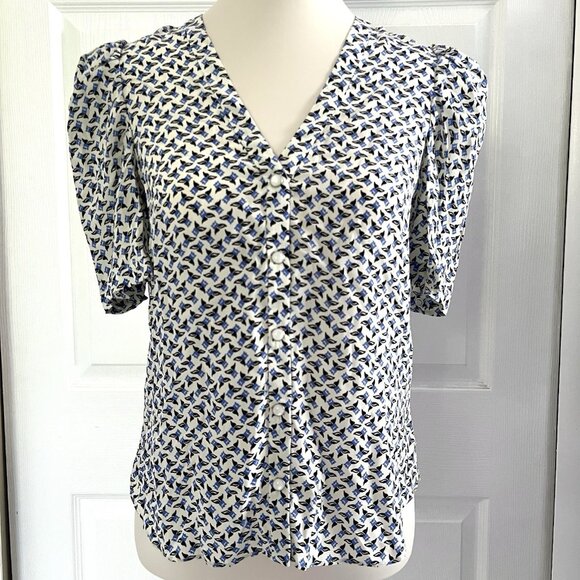 Veronica Beard 'Garland' 100% Silk White Blue Printed Short Sleeve Blouse sz S - Picture 1 of 6